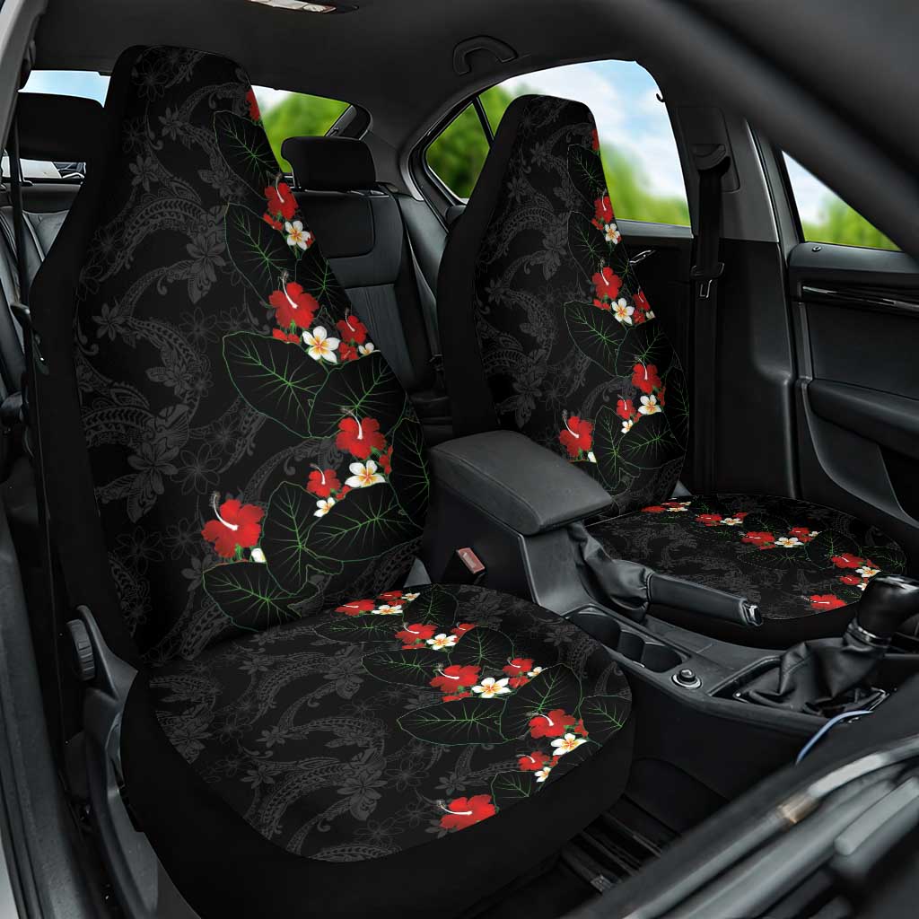 Hawaiian Taro Leaves-Hibiscus and Plumeria Car Seat Cover Floral Tribal Tattoo Motif LT03 One Size Black - Polynesian Pride