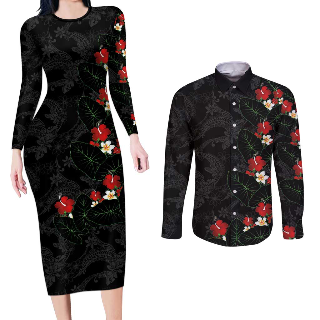 Hawaiian Taro Leaves-Hibiscus and Plumeria Couples Matching Long Sleeve Bodycon Dress and Long Sleeve Button Shirt Floral Tribal Tattoo Motif LT03 Black - Polynesian Pride