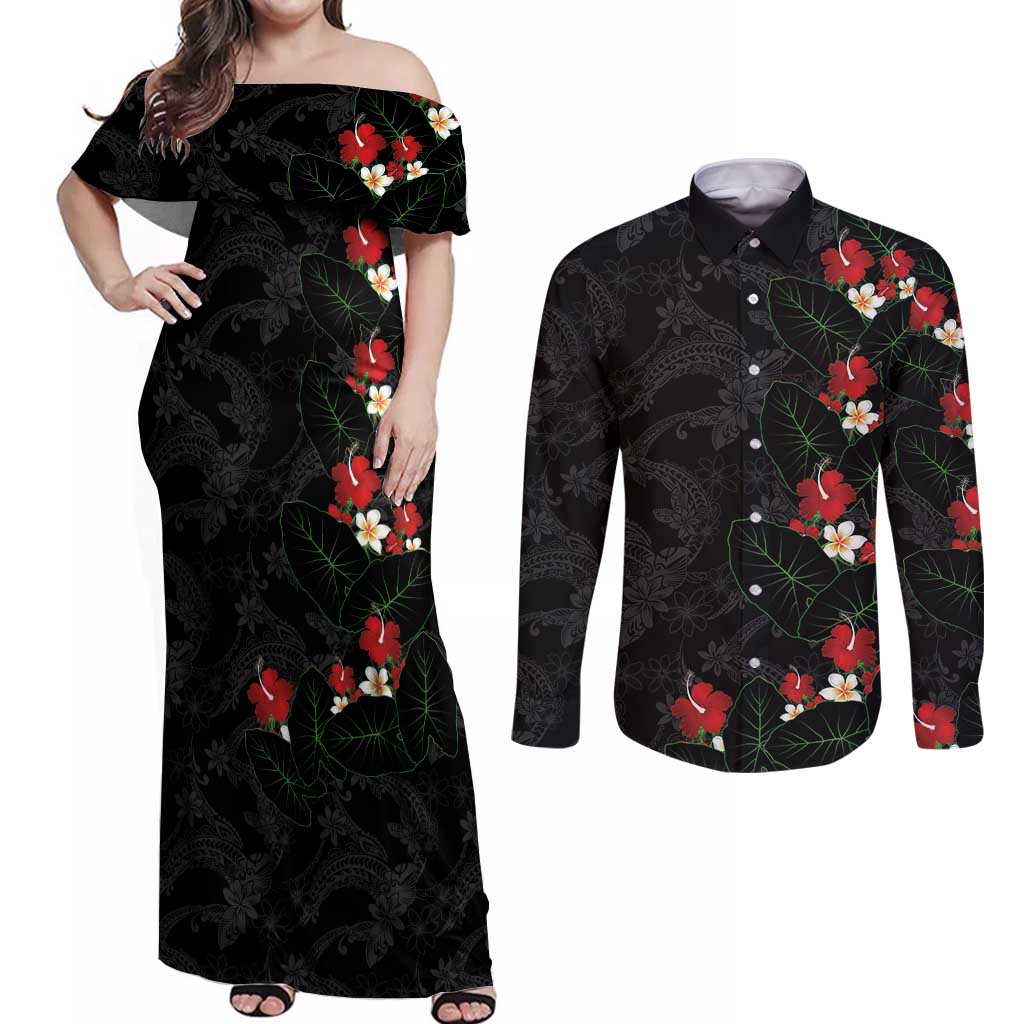 Hawaiian Taro Leaves-Hibiscus and Plumeria Couples Matching Off Shoulder Maxi Dress and Long Sleeve Button Shirt Floral Tribal Tattoo Motif LT03 Black - Polynesian Pride