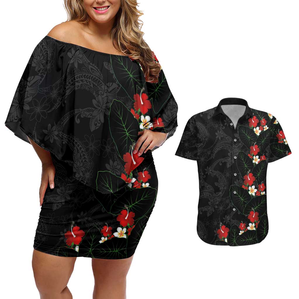 Hawaiian Taro Leaves-Hibiscus and Plumeria Couples Matching Off Shoulder Short Dress and Hawaiian Shirt Floral Tribal Tattoo Motif LT03 Black - Polynesian Pride