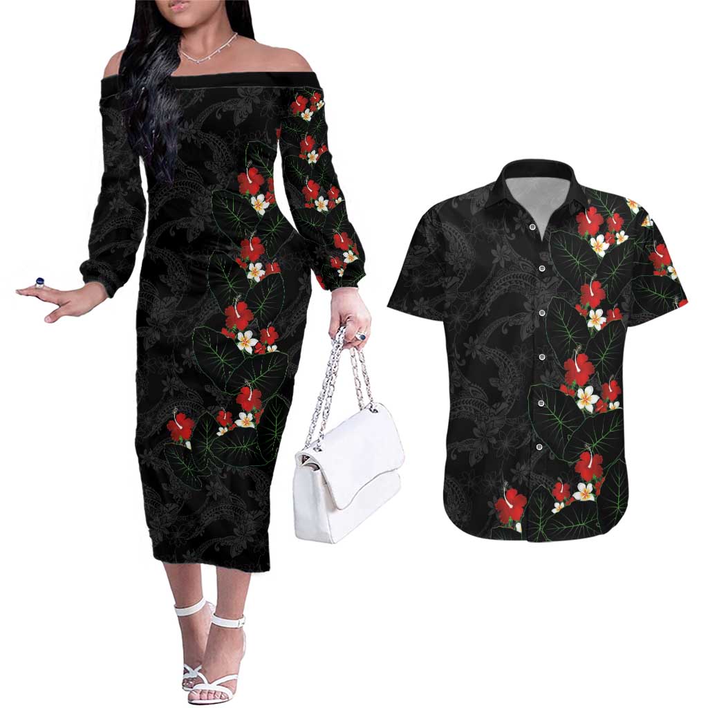 Hawaiian Taro Leaves-Hibiscus and Plumeria Couples Matching Off The Shoulder Long Sleeve Dress and Hawaiian Shirt Floral Tribal Tattoo Motif LT03 Black - Polynesian Pride