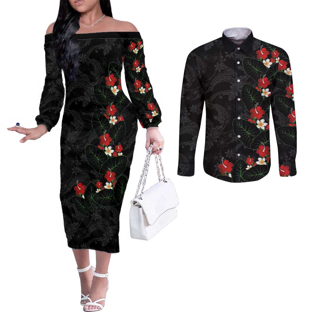 Hawaiian Taro Leaves-Hibiscus and Plumeria Couples Matching Off The Shoulder Long Sleeve Dress and Long Sleeve Button Shirt Floral Tribal Tattoo Motif