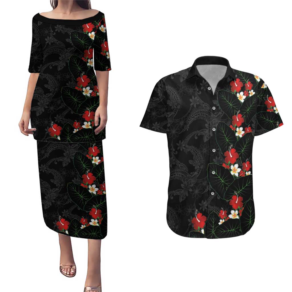 Hawaiian Taro Leaves-Hibiscus and Plumeria Couples Matching Puletasi and Hawaiian Shirt Floral Tribal Tattoo Motif