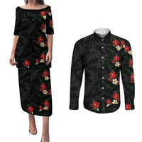 Hawaiian Taro Leaves-Hibiscus and Plumeria Couples Matching Puletasi and Long Sleeve Button Shirt Floral Tribal Tattoo Motif LT03 Black - Polynesian Pride