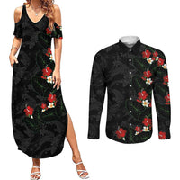 Hawaiian Taro Leaves-Hibiscus and Plumeria Couples Matching Summer Maxi Dress and Long Sleeve Button Shirt Floral Tribal Tattoo Motif LT03 Black - Polynesian Pride