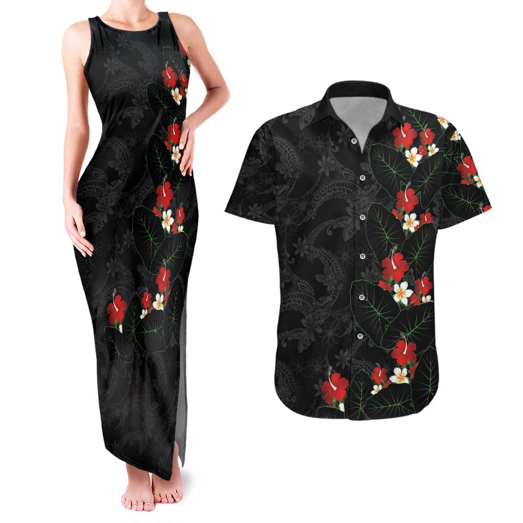 Hawaiian Taro Leaves-Hibiscus and Plumeria Couples Matching Tank Maxi Dress and Hawaiian Shirt Floral Tribal Tattoo Motif LT03 Black - Polynesian Pride