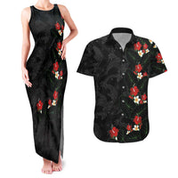 Hawaiian Taro Leaves-Hibiscus and Plumeria Couples Matching Tank Maxi Dress and Hawaiian Shirt Floral Tribal Tattoo Motif LT03 Black - Polynesian Pride