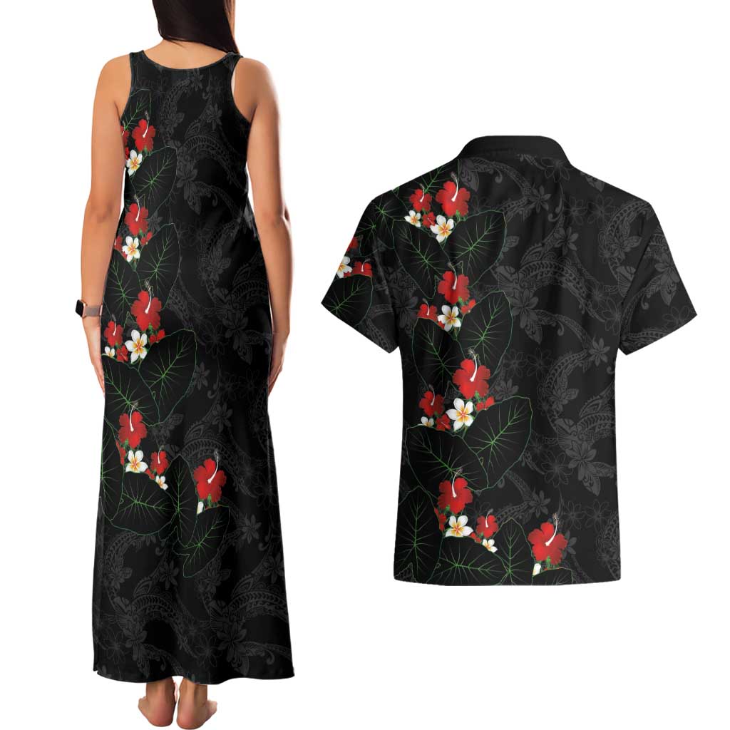 Hawaiian Taro Leaves-Hibiscus and Plumeria Couples Matching Tank Maxi Dress and Hawaiian Shirt Floral Tribal Tattoo Motif LT03 - Polynesian Pride