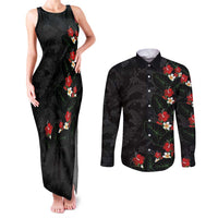 Hawaiian Taro Leaves-Hibiscus and Plumeria Couples Matching Tank Maxi Dress and Long Sleeve Button Shirt Floral Tribal Tattoo Motif LT03 Black - Polynesian Pride