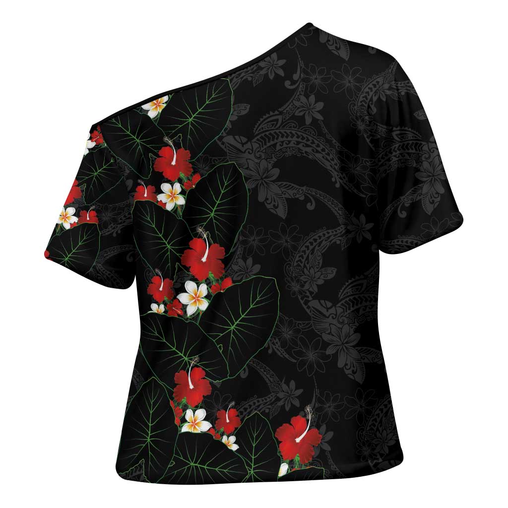 Hawaiian Taro Leaves-Hibiscus and Plumeria Cross Shoulder Shirt Floral Tribal Tattoo Motif LT03 - Polynesian Pride