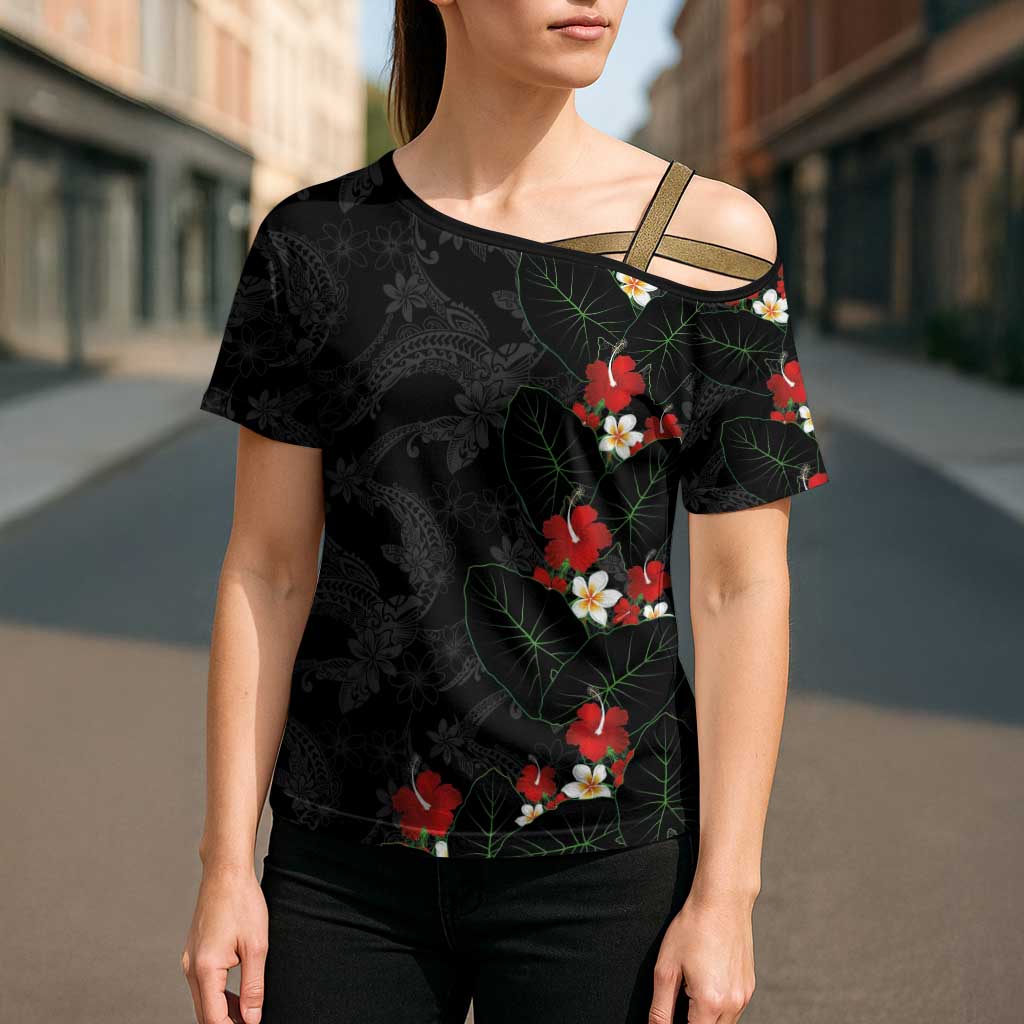 Hawaiian Taro Leaves-Hibiscus and Plumeria Cross Shoulder Shirt Floral Tribal Tattoo Motif LT03 - Polynesian Pride