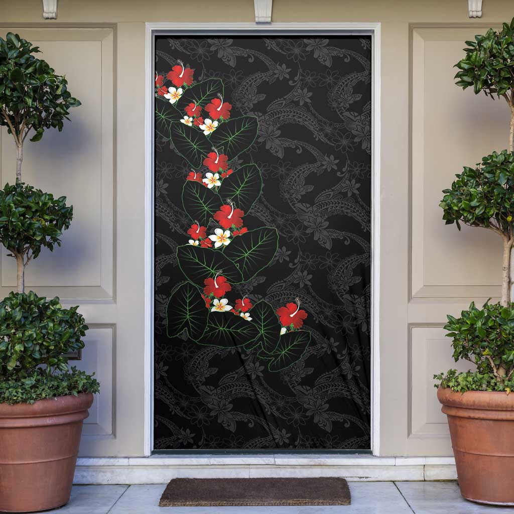 Hawaiian Taro Leaves-Hibiscus and Plumeria Door Cover Floral Tribal Tattoo Motif LT03 Black - Polynesian Pride