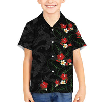 Hawaiian Taro Leaves-Hibiscus and Plumeria Family Matching Mermaid Dress and Hawaiian Shirt Floral Tribal Tattoo Motif LT03 Son's Shirt Black - Polynesian Pride