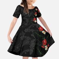 Hawaiian Taro Leaves-Hibiscus and Plumeria Family Matching Off Shoulder Maxi Dress and Hawaiian Shirt Floral Tribal Tattoo Motif LT03 Daughter's Dress Black - Polynesian Pride