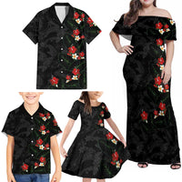 Hawaiian Taro Leaves-Hibiscus and Plumeria Family Matching Off Shoulder Maxi Dress and Hawaiian Shirt Floral Tribal Tattoo Motif LT03 - Polynesian Pride