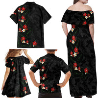 Hawaiian Taro Leaves-Hibiscus and Plumeria Family Matching Off Shoulder Maxi Dress and Hawaiian Shirt Floral Tribal Tattoo Motif LT03 - Polynesian Pride
