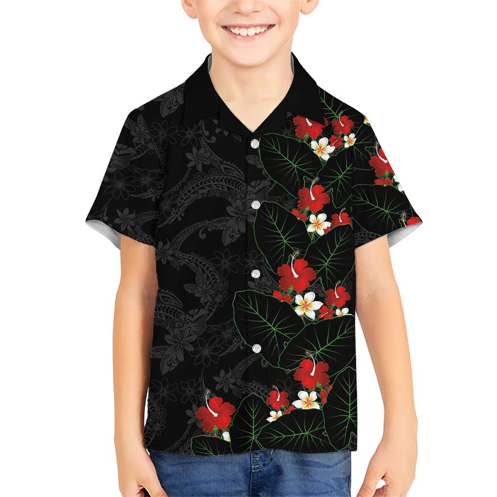 Hawaiian Taro Leaves-Hibiscus and Plumeria Family Matching Off Shoulder Maxi Dress and Hawaiian Shirt Floral Tribal Tattoo Motif LT03 Son's Shirt Black - Polynesian Pride