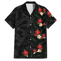 Hawaiian Taro Leaves-Hibiscus and Plumeria Family Matching Off Shoulder Short Dress and Hawaiian Shirt Floral Tribal Tattoo Motif LT03 Dad's Shirt - Short Sleeve Black - Polynesian Pride