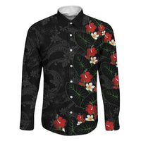 Hawaiian Taro Leaves-Hibiscus and Plumeria Family Matching Off Shoulder Short Dress and Hawaiian Shirt Floral Tribal Tattoo Motif LT03 Dad's Shirt - Long Sleeve Black - Polynesian Pride