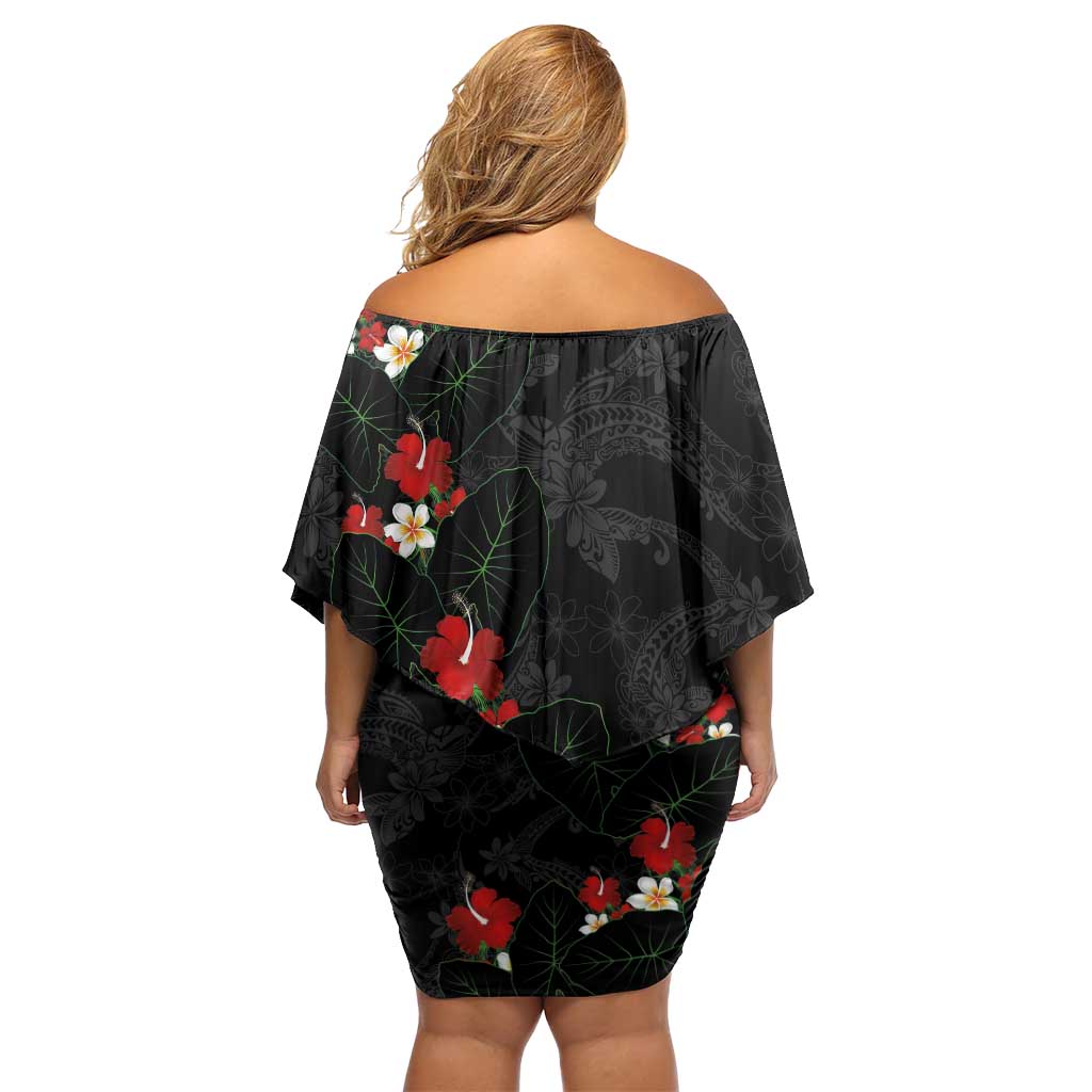 Hawaiian Taro Leaves-Hibiscus and Plumeria Family Matching Off Shoulder Short Dress and Hawaiian Shirt Floral Tribal Tattoo Motif LT03 - Polynesian Pride