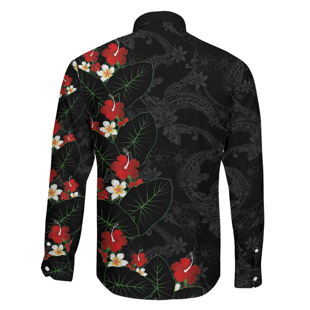 Hawaiian Taro Leaves-Hibiscus and Plumeria Family Matching Short Sleeve Bodycon Dress and Hawaiian Shirt Floral Tribal Tattoo Motif LT03 - Polynesian Pride