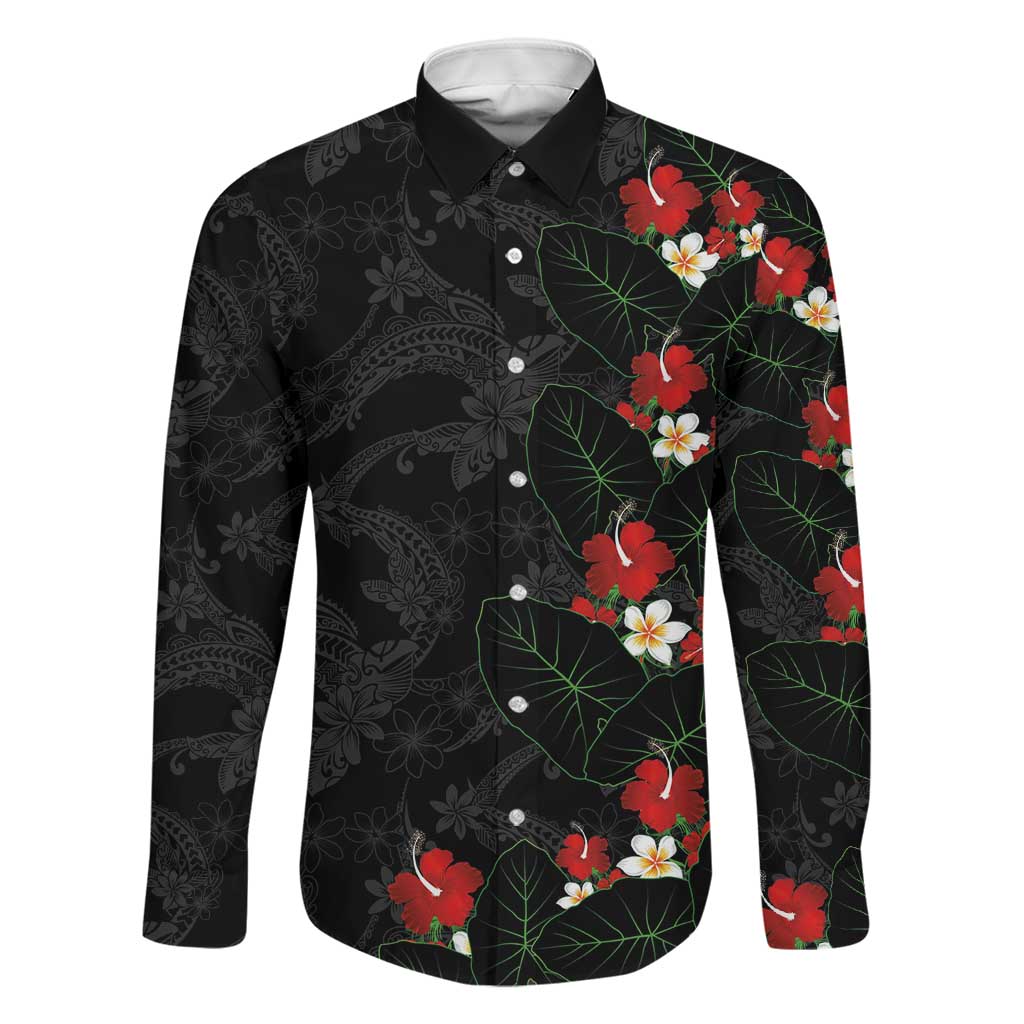 Hawaiian Taro Leaves-Hibiscus and Plumeria Family Matching Summer Maxi Dress and Hawaiian Shirt Floral Tribal Tattoo Motif LT03 Dad's Shirt - Long Sleeve Black - Polynesian Pride
