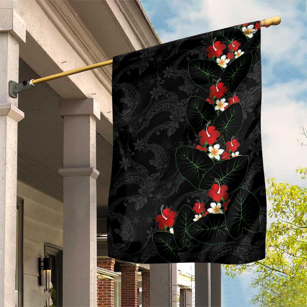 Hawaiian Taro Leaves-Hibiscus and Plumeria Garden Flag Floral Tribal Tattoo Motif LT03 House Flag Black - Polynesian Pride
