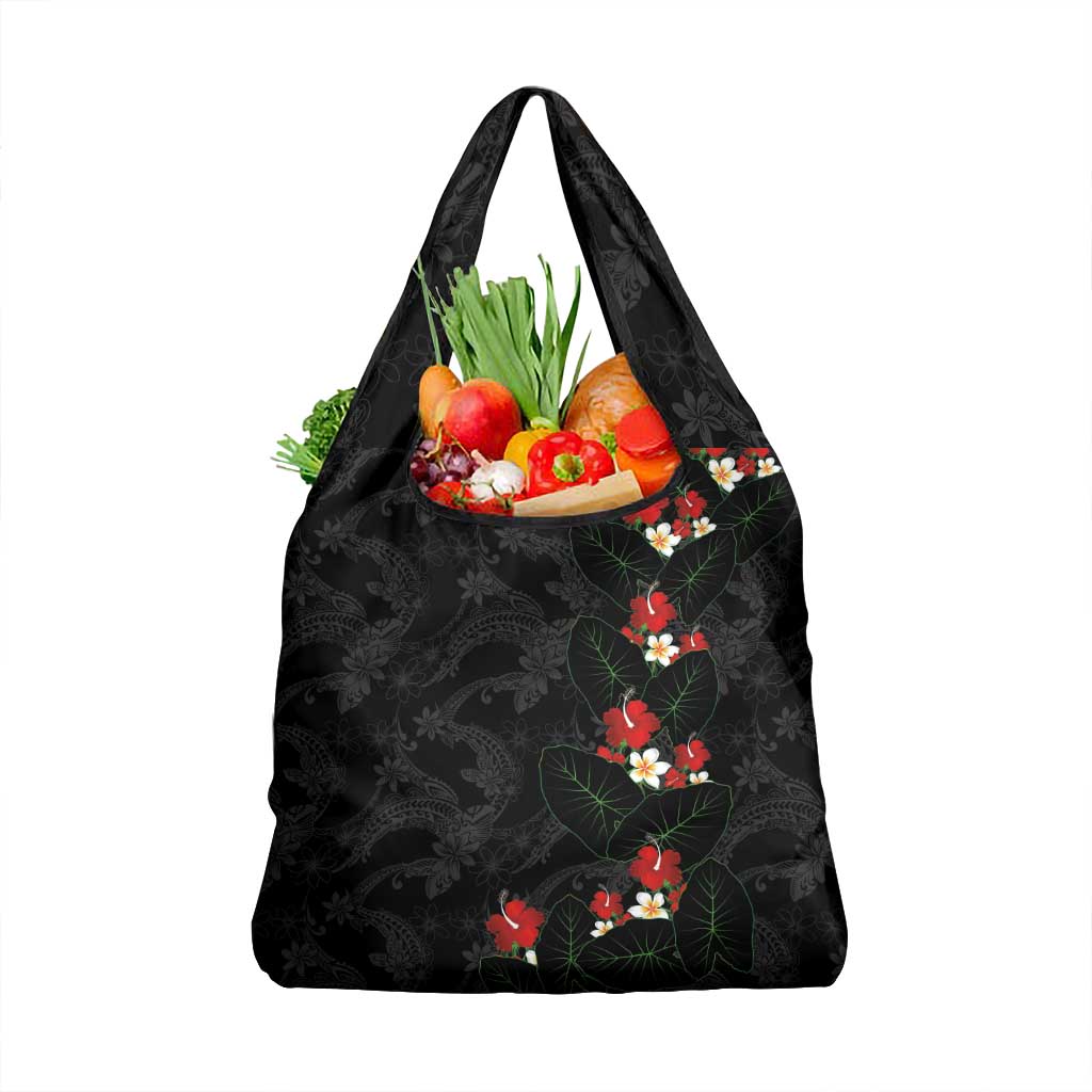 Hawaiian Taro Leaves-Hibiscus and Plumeria Grocery Bag Floral Tribal Tattoo Motif LT03 1-pack One Size Black - Polynesian Pride