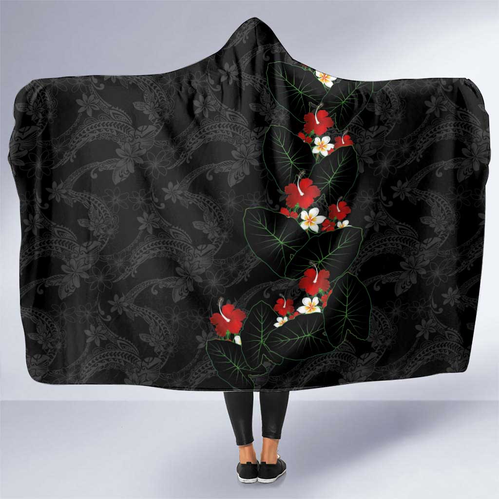 Hawaiian Taro Leaves-Hibiscus and Plumeria Hooded Blanket Floral Tribal Tattoo Motif LT03 One Size Black - Polynesian Pride