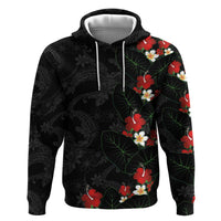 Hawaiian Taro Leaves-Hibiscus and Plumeria Hoodie Floral Tribal Tattoo Motif LT03 Pullover Hoodie Black - Polynesian Pride