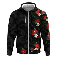 Hawaiian Taro Leaves-Hibiscus and Plumeria Hoodie Floral Tribal Tattoo Motif LT03 Zip Hoodie Black - Polynesian Pride