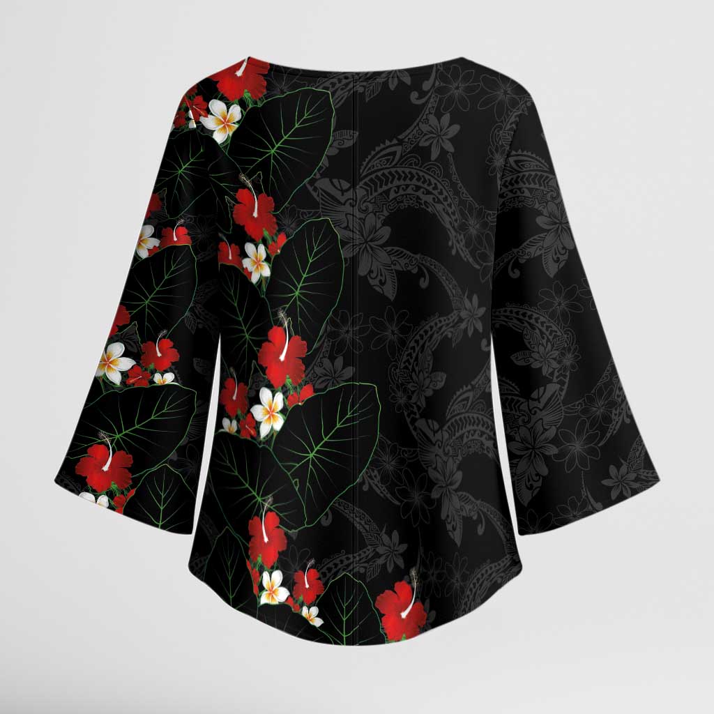 Hawaiian Taro Leaves-Hibiscus and Plumeria Kimono Sleeve Blouse Floral Tribal Tattoo Motif LT03 - Polynesian Pride