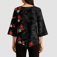 Hawaiian Taro Leaves-Hibiscus and Plumeria Kimono Sleeve Blouse Floral Tribal Tattoo Motif LT03 - Polynesian Pride