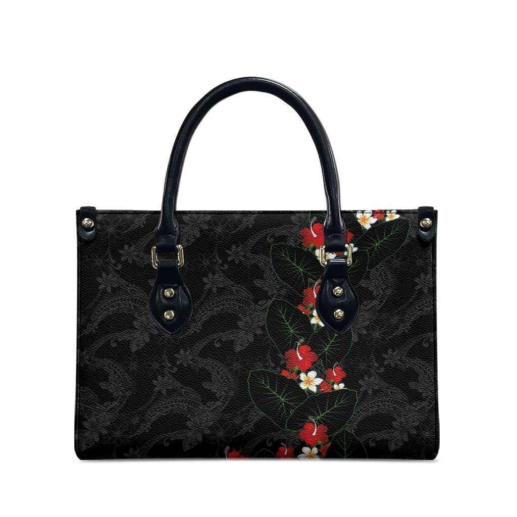 Hawaiian Taro Leaves-Hibiscus and Plumeria Leather Bag Floral Tribal Tattoo Motif LT03 - Polynesian Pride