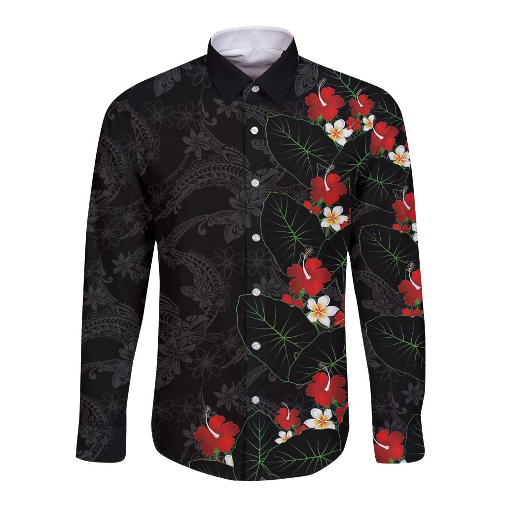 Hawaiian Taro Leaves-Hibiscus and Plumeria Long Sleeve Button Shirt Floral Tribal Tattoo Motif LT03 Unisex Black - Polynesian Pride