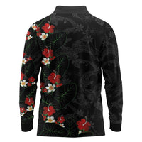 Hawaiian Taro Leaves-Hibiscus and Plumeria Long Sleeve Polo Shirt Floral Tribal Tattoo Motif LT03 - Polynesian Pride