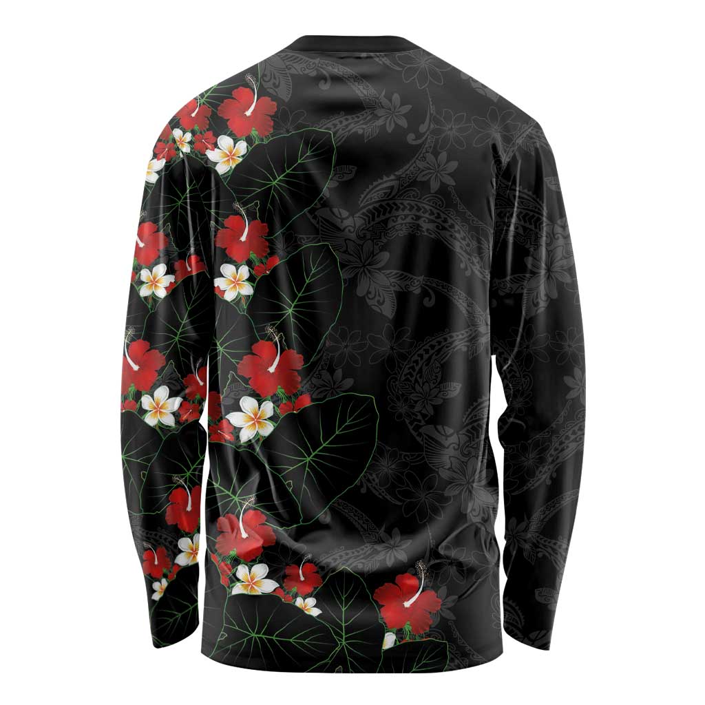 Hawaiian Taro Leaves-Hibiscus and Plumeria Long Sleeve Shirt Floral Tribal Tattoo Motif LT03 - Polynesian Pride