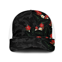 Hawaiian Taro Leaves-Hibiscus and Plumeria Mesh Trucker Cap Floral Tribal Tattoo Motif LT03 One Size White Black - Polynesian Pride