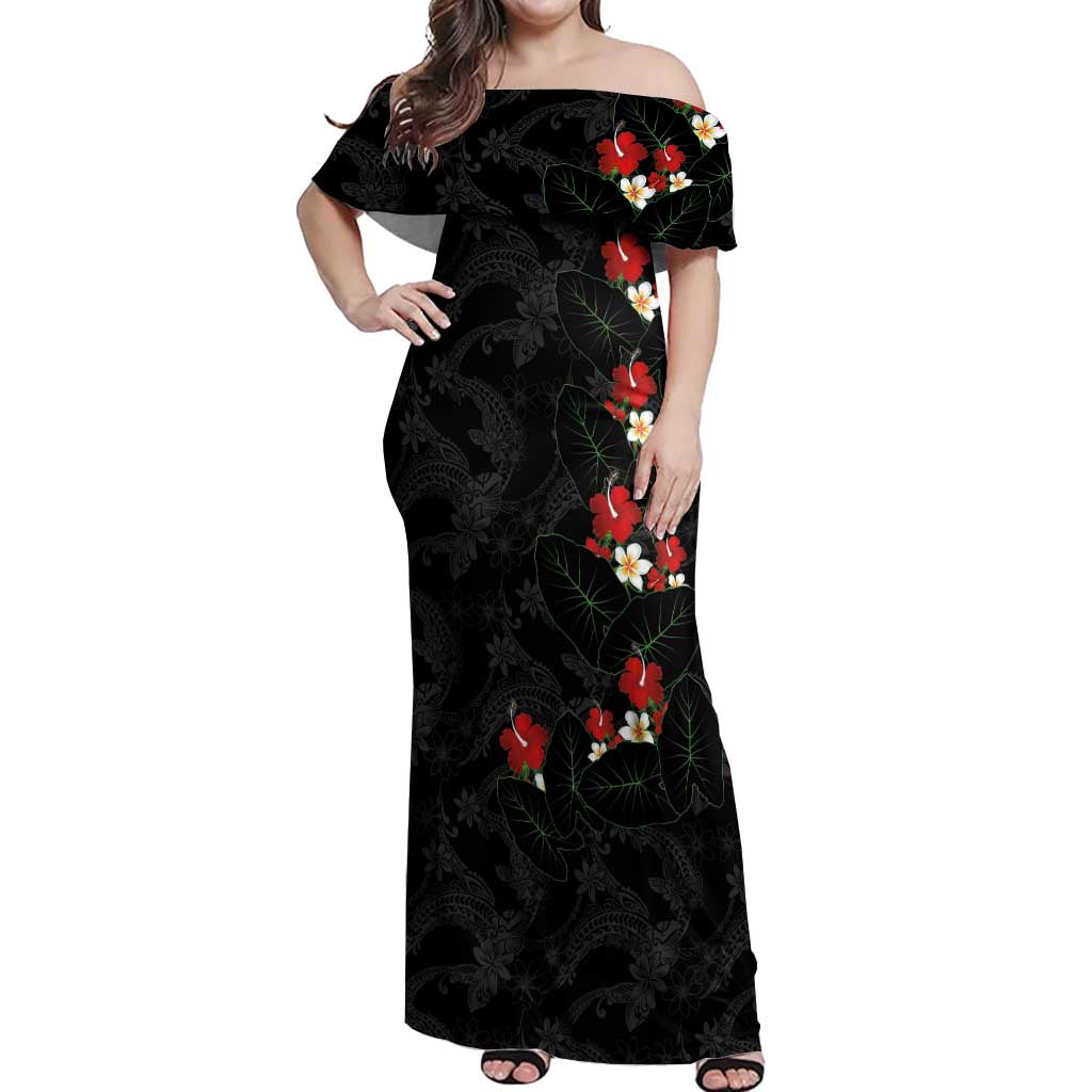 Hawaiian Taro Leaves-Hibiscus and Plumeria Off Shoulder Maxi Dress Floral Tribal Tattoo Motif LT03 Women Black - Polynesian Pride
