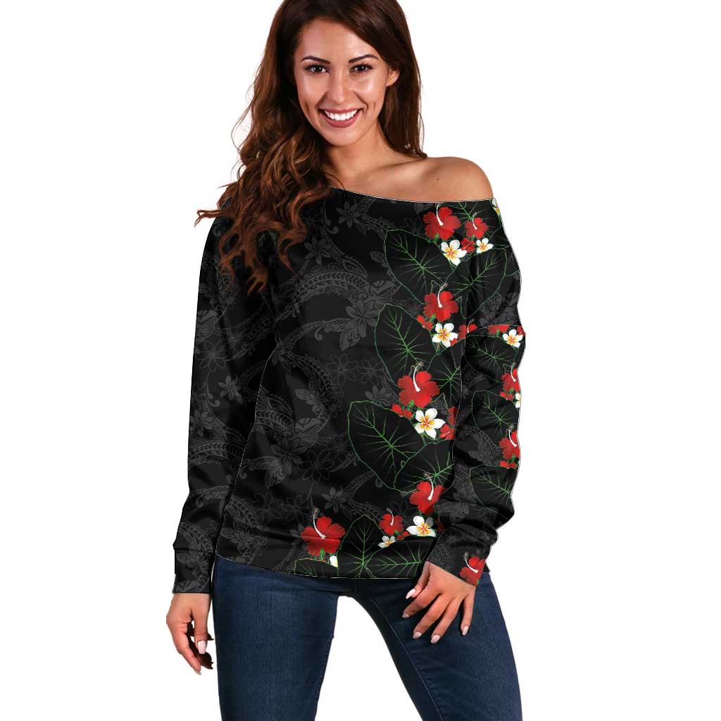 Hawaiian Taro Leaves-Hibiscus and Plumeria Off Shoulder Sweater Floral Tribal Tattoo Motif LT03 Women Black - Polynesian Pride