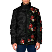 Hawaiian Taro Leaves-Hibiscus and Plumeria Padded Jacket Floral Tribal Tattoo Motif LT03 Men Black - Polynesian Pride