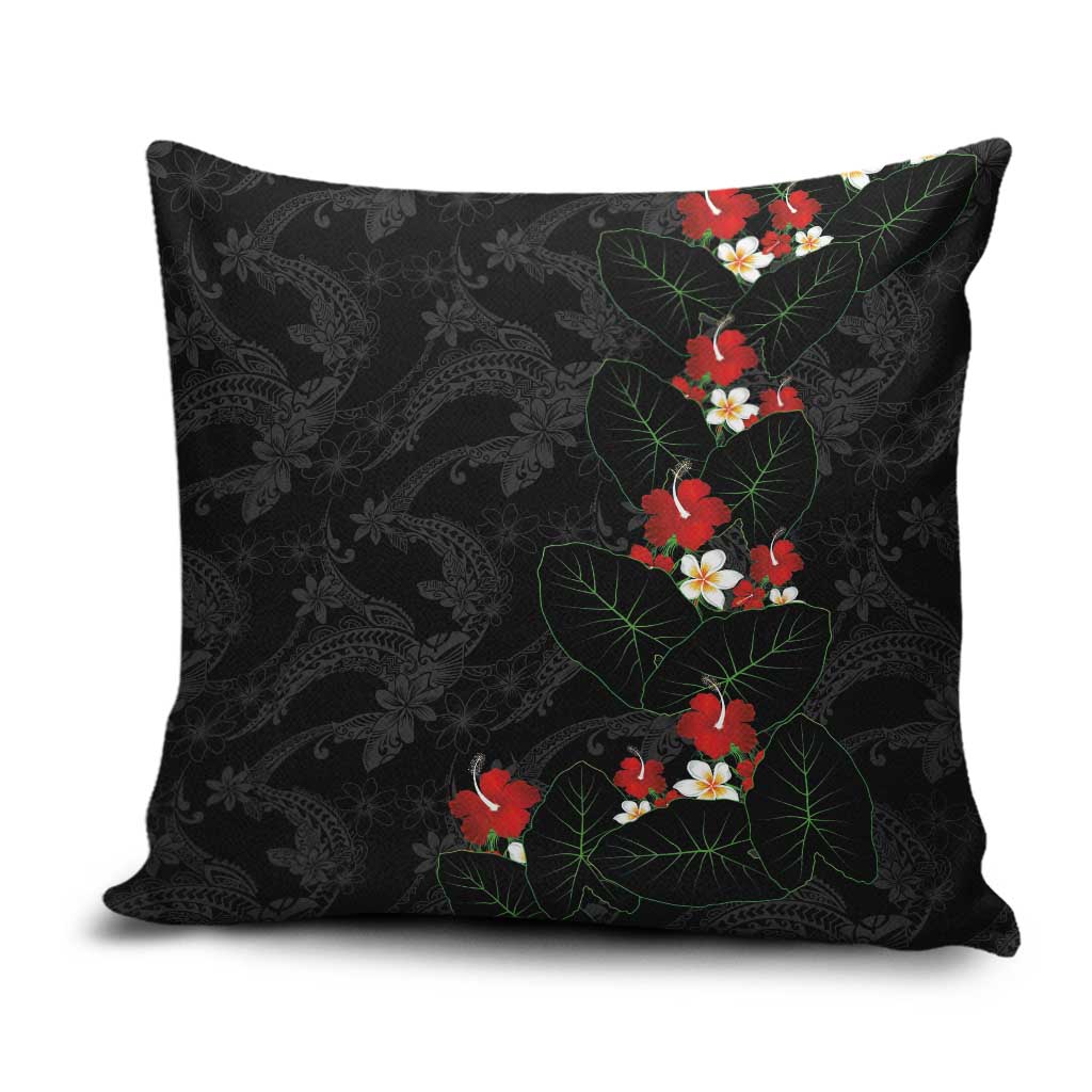 Hawaiian Taro Leaves-Hibiscus and Plumeria Pillow Cover Floral Tribal Tattoo Motif LT03 Black - Polynesian Pride