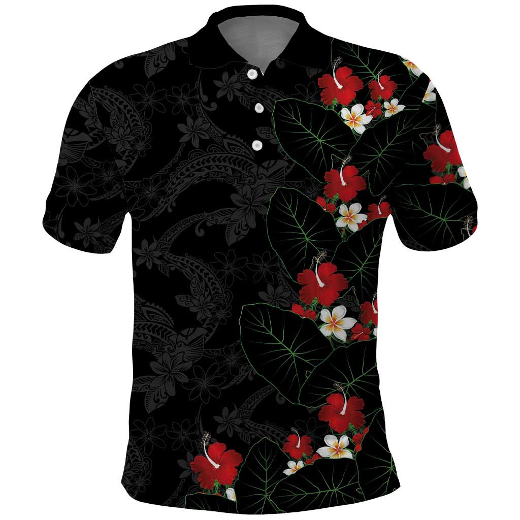 Hawaiian Taro Leaves-Hibiscus and Plumeria Polo Shirt Floral Tribal Tattoo Motif LT03 Black - Polynesian Pride