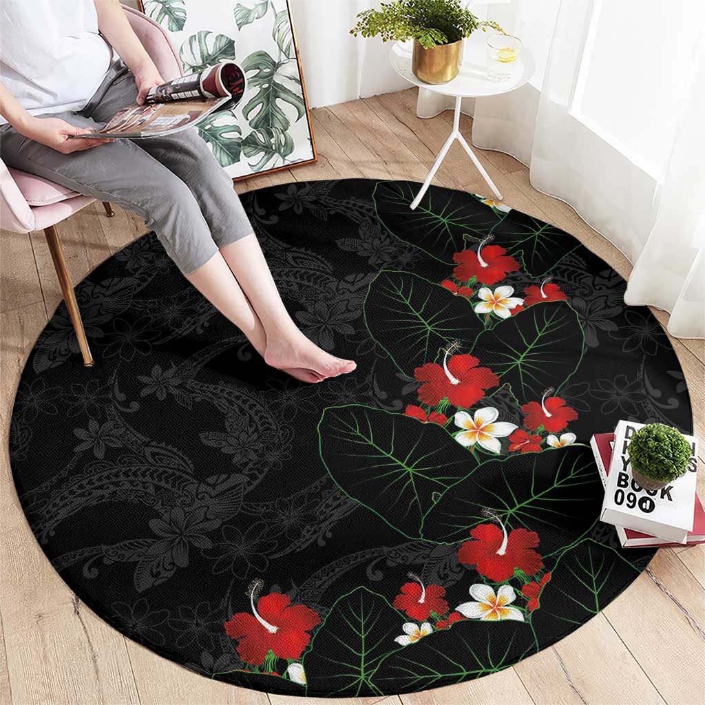 Hawaiian Taro Leaves-Hibiscus and Plumeria Round Carpet Floral Tribal Tattoo Motif LT03 - Polynesian Pride