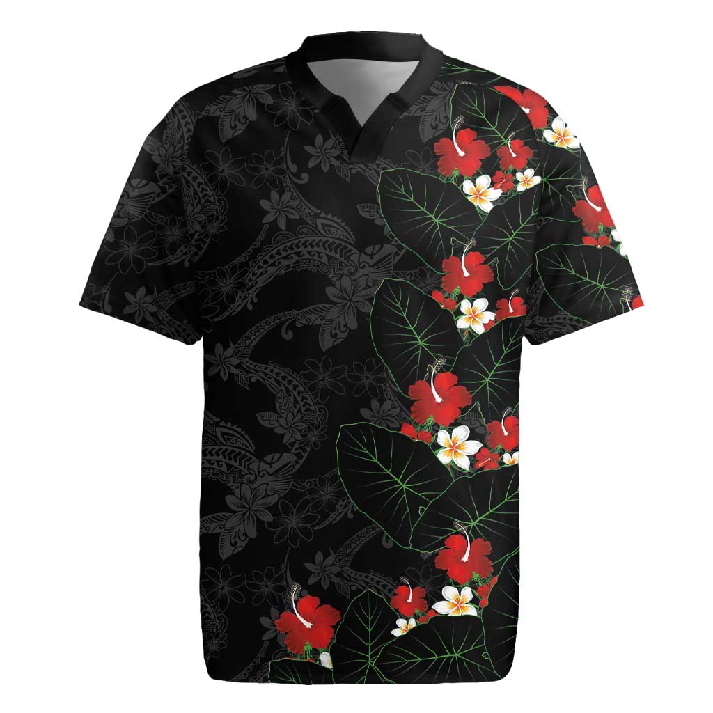 Hawaiian Taro Leaves-Hibiscus and Plumeria Rugby Jersey Floral Tribal Tattoo Motif LT03 Black - Polynesian Pride