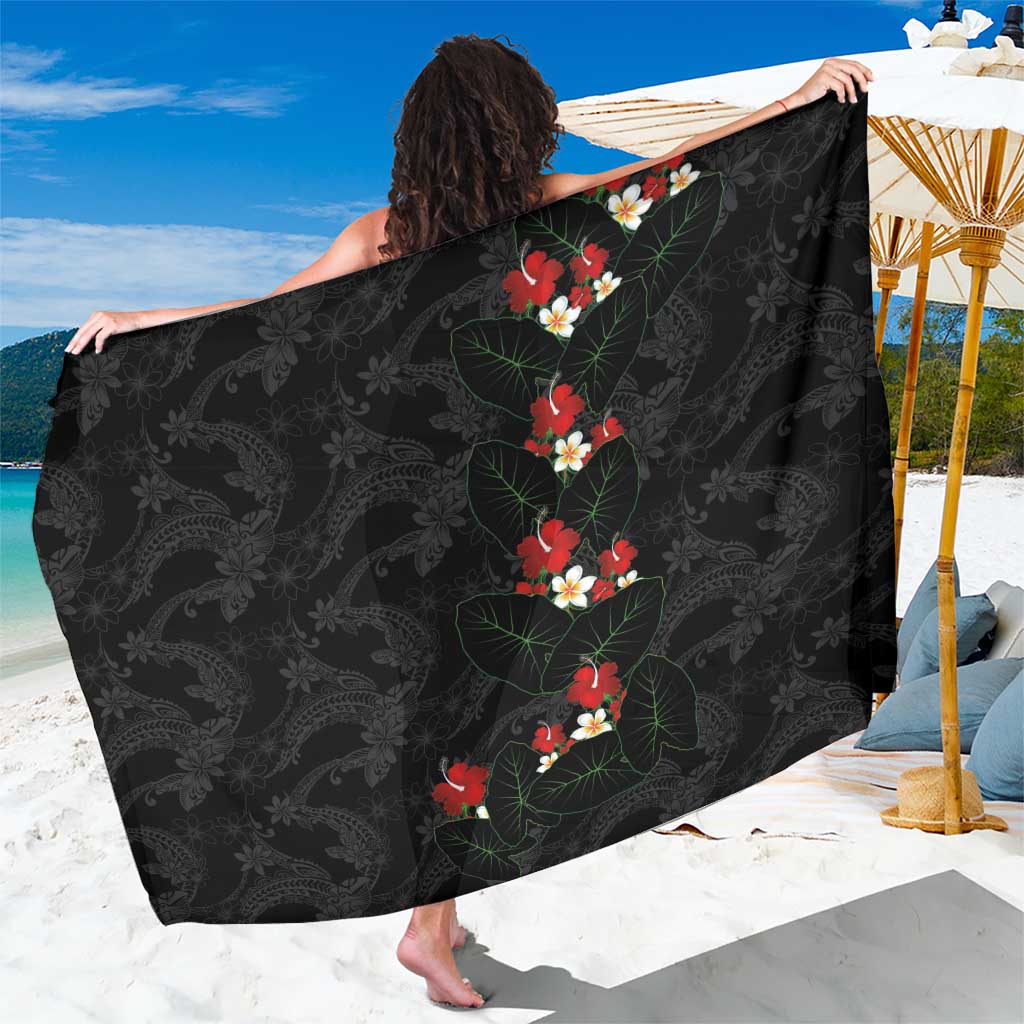 Hawaiian Taro Leaves-Hibiscus and Plumeria Sarong Floral Tribal Tattoo Motif LT03 One Size 44 x 66 inches Black - Polynesian Pride