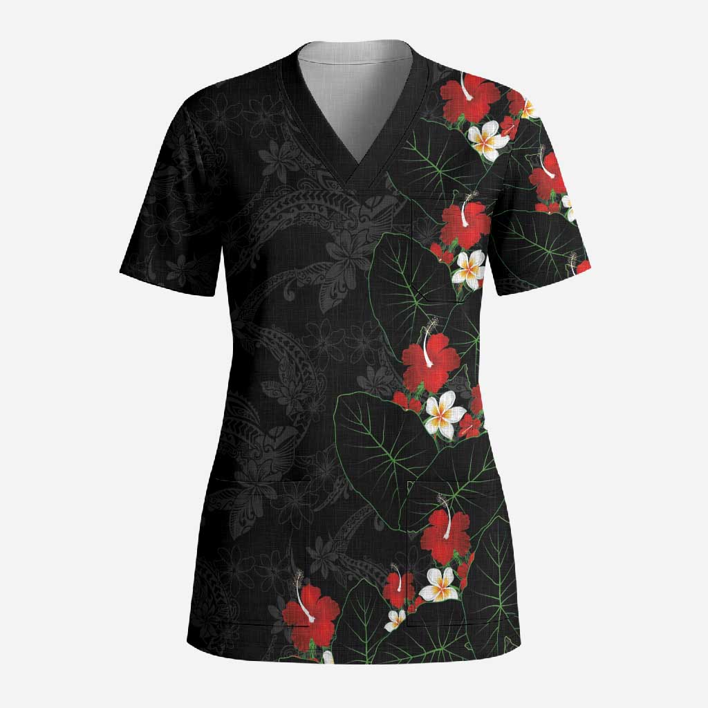 Hawaiian Taro Leaves-Hibiscus and Plumeria Scrub Top Floral Tribal Tattoo Motif