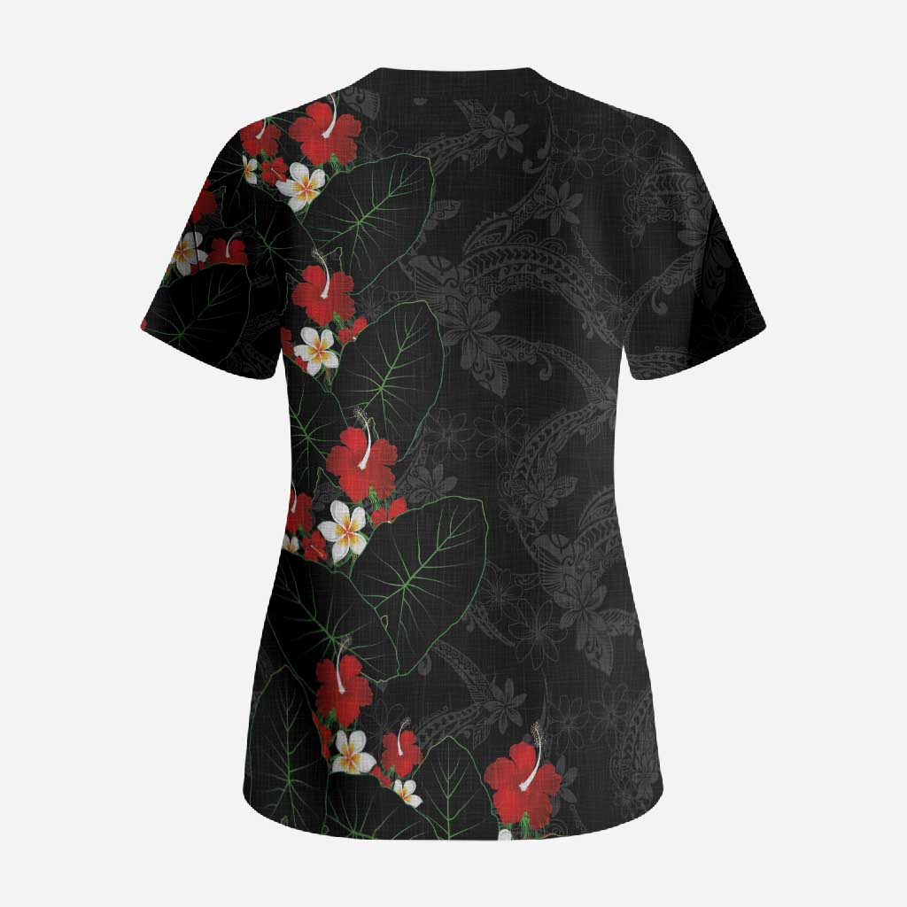 Hawaiian Taro Leaves-Hibiscus and Plumeria Scrub Top Floral Tribal Tattoo Motif LT03 - Polynesian Pride
