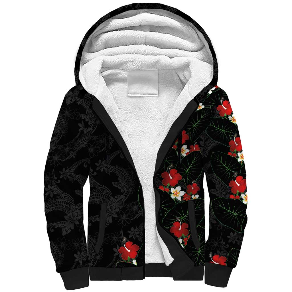 Hawaiian Taro Leaves-Hibiscus and Plumeria Sherpa Hoodie Floral Tribal Tattoo Motif LT03 Unisex Black - Polynesian Pride