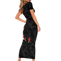 Hawaiian Taro Leaves-Hibiscus and Plumeria Short Sleeve Bodycon Dress Floral Tribal Tattoo Motif LT03 - Polynesian Pride